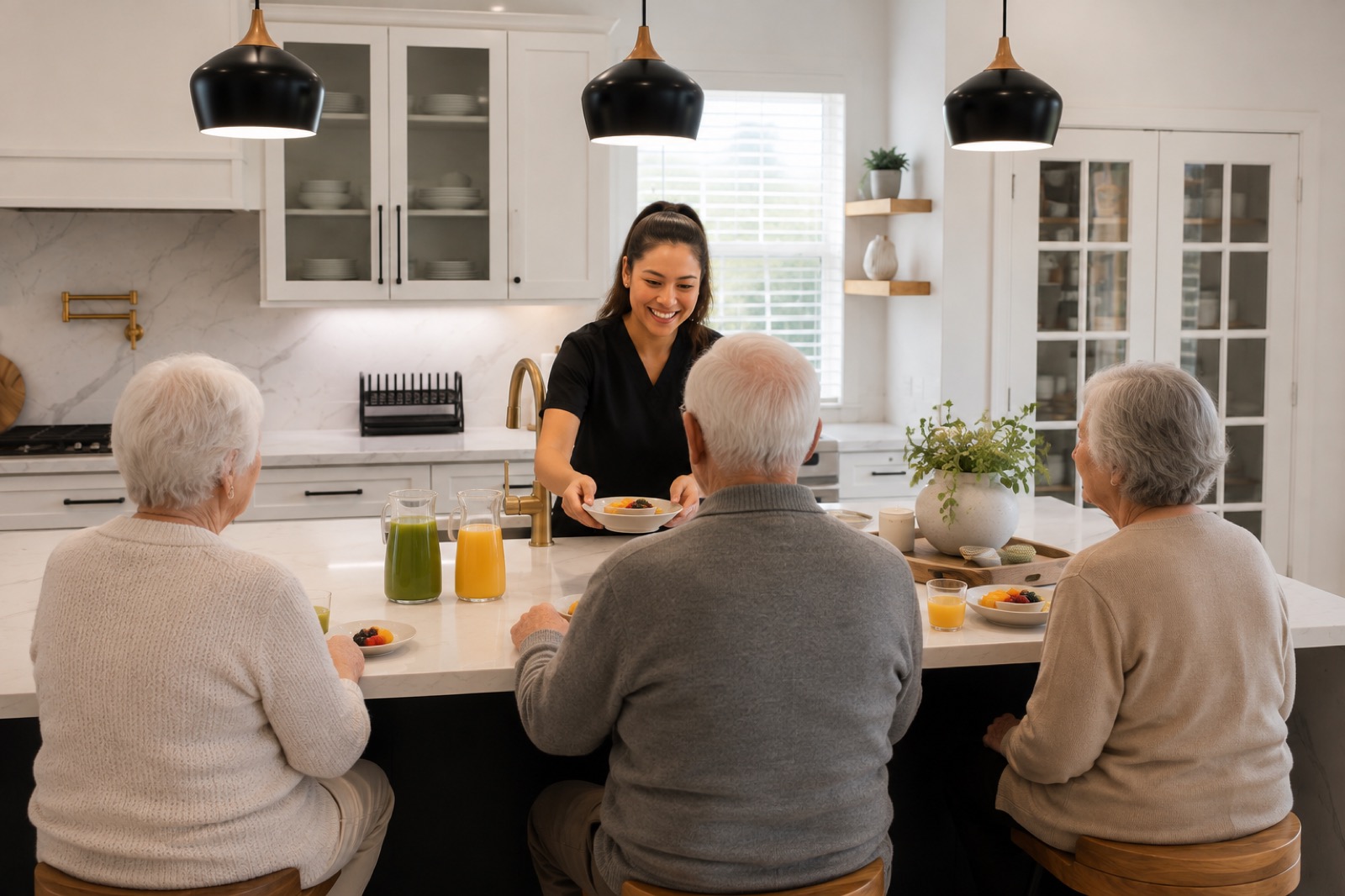 Caregiver serving breakfast to residents at the kitchen island