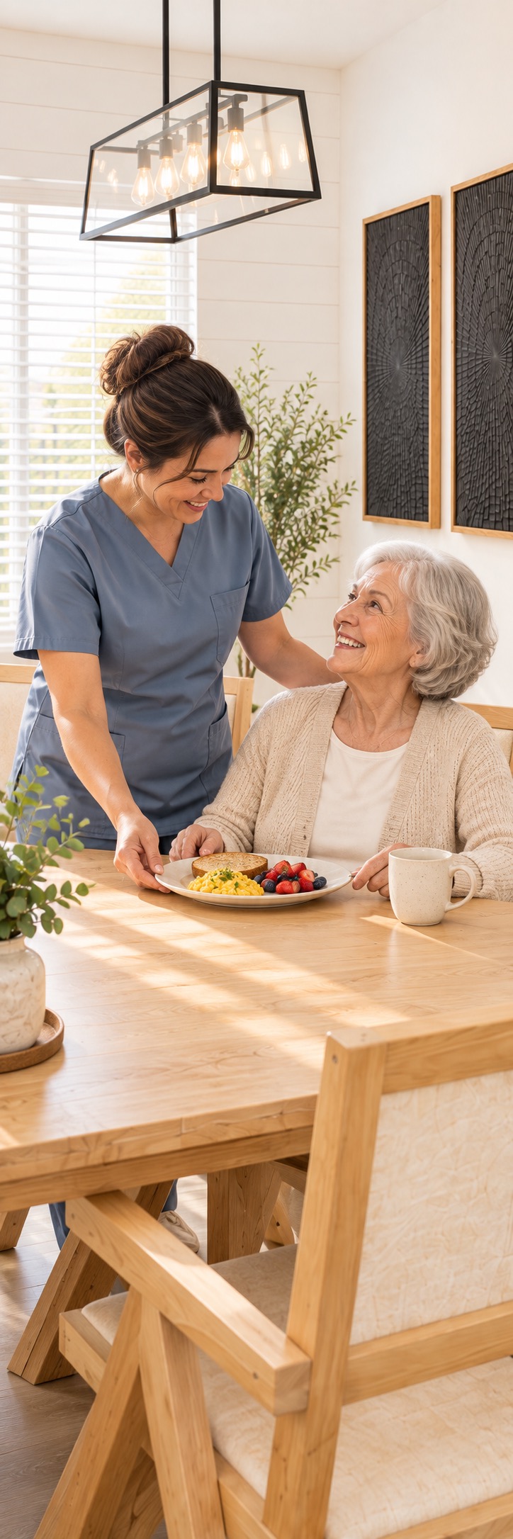 Solivita caregiver serving breakfast to a resident