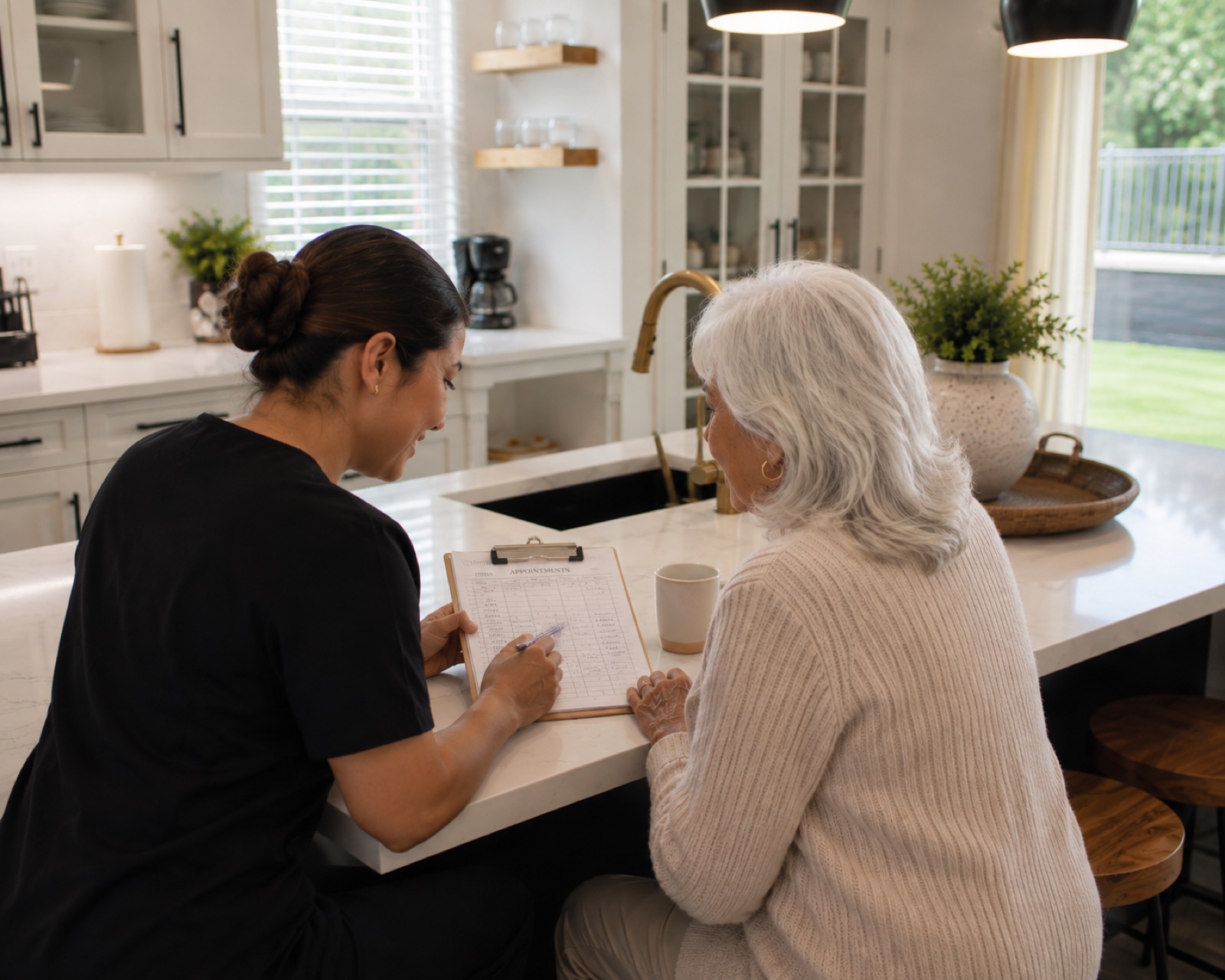 Caregiver reviewing a care schedule with a resident in the kitchen